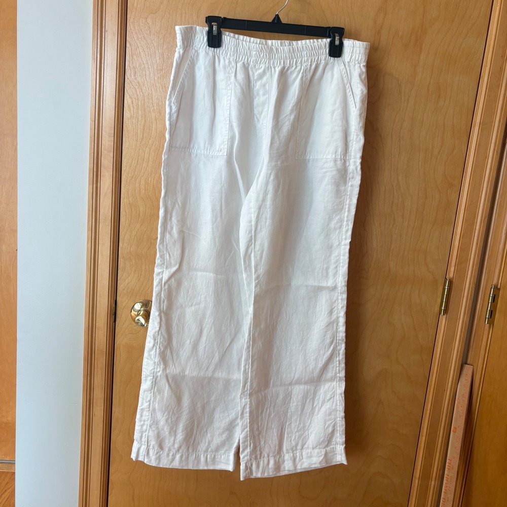Chico's Linen Wide Leg Pants Women 0.5 White Elastic Waist Pockets Casual